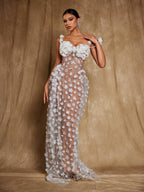 Flowering Girl Women Oksana Spaghetti Flower Corset Maxi Dress In White