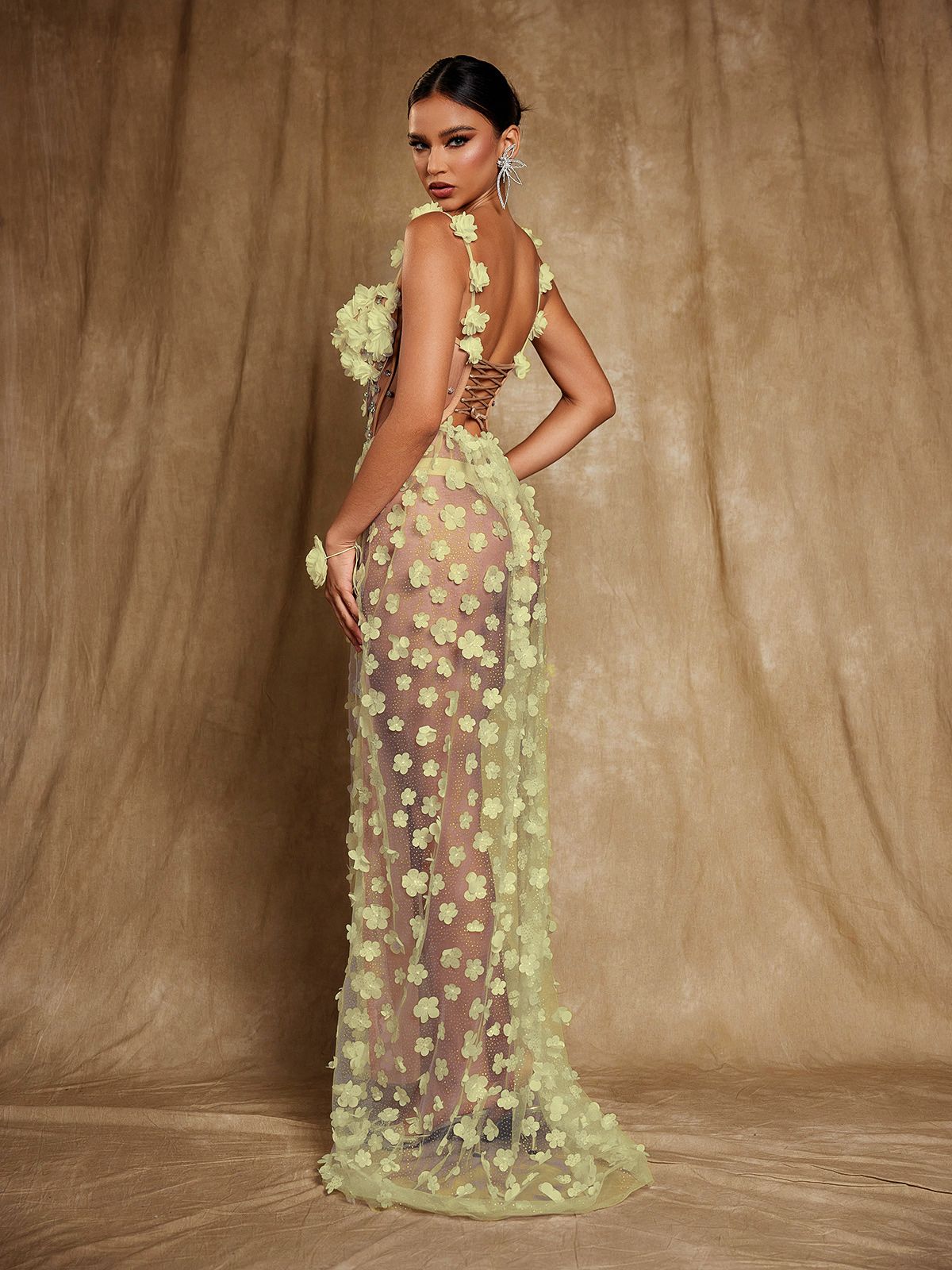 Flowering Girl Women Oksana Spaghetti Flower Corset Maxi Dress In Yellow