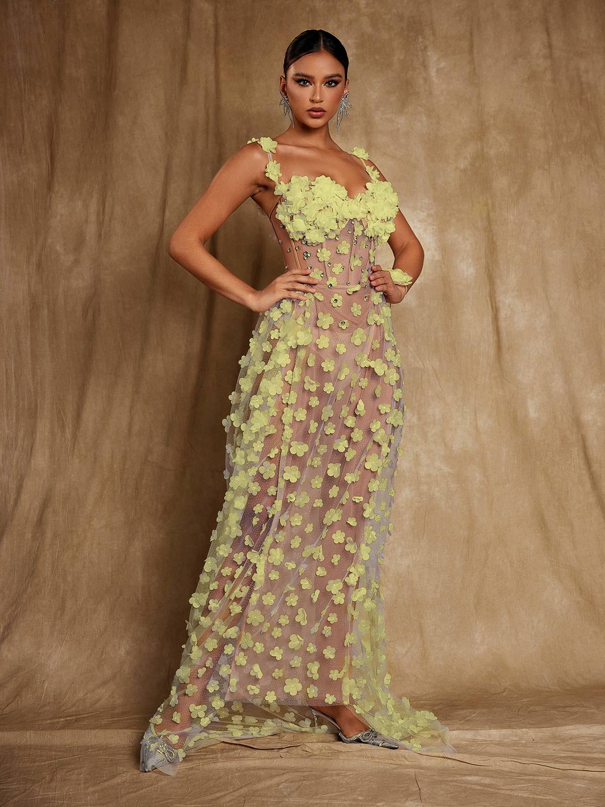 Flowering Girl Women Oksana Spaghetti Flower Corset Maxi Dress In Yellow