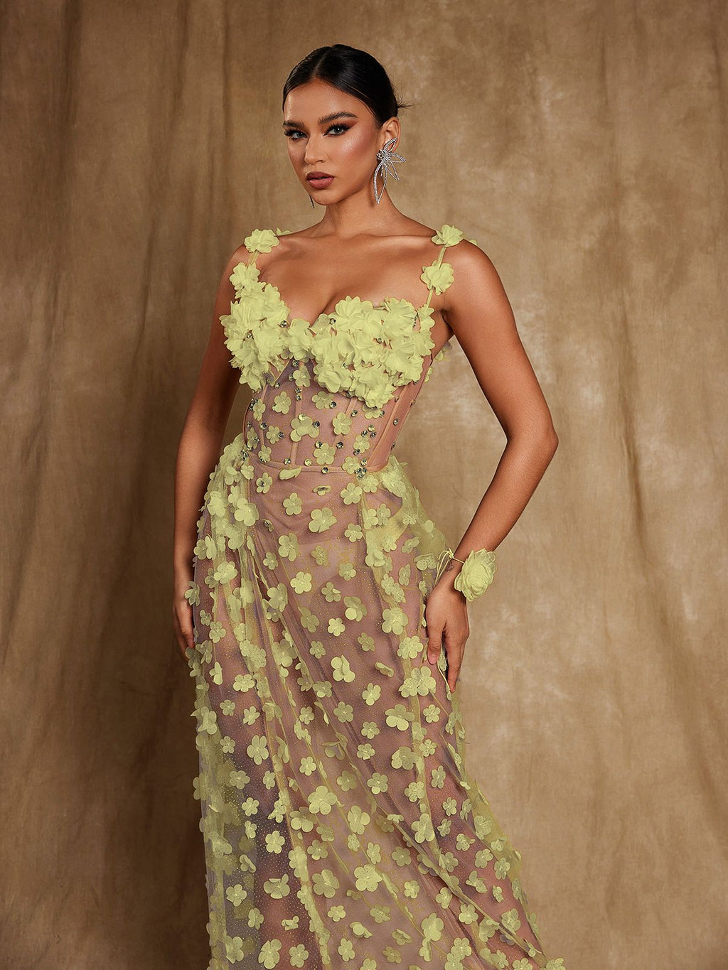 Flowering Girl Women Oksana Spaghetti Flower Corset Maxi Dress In Yellow