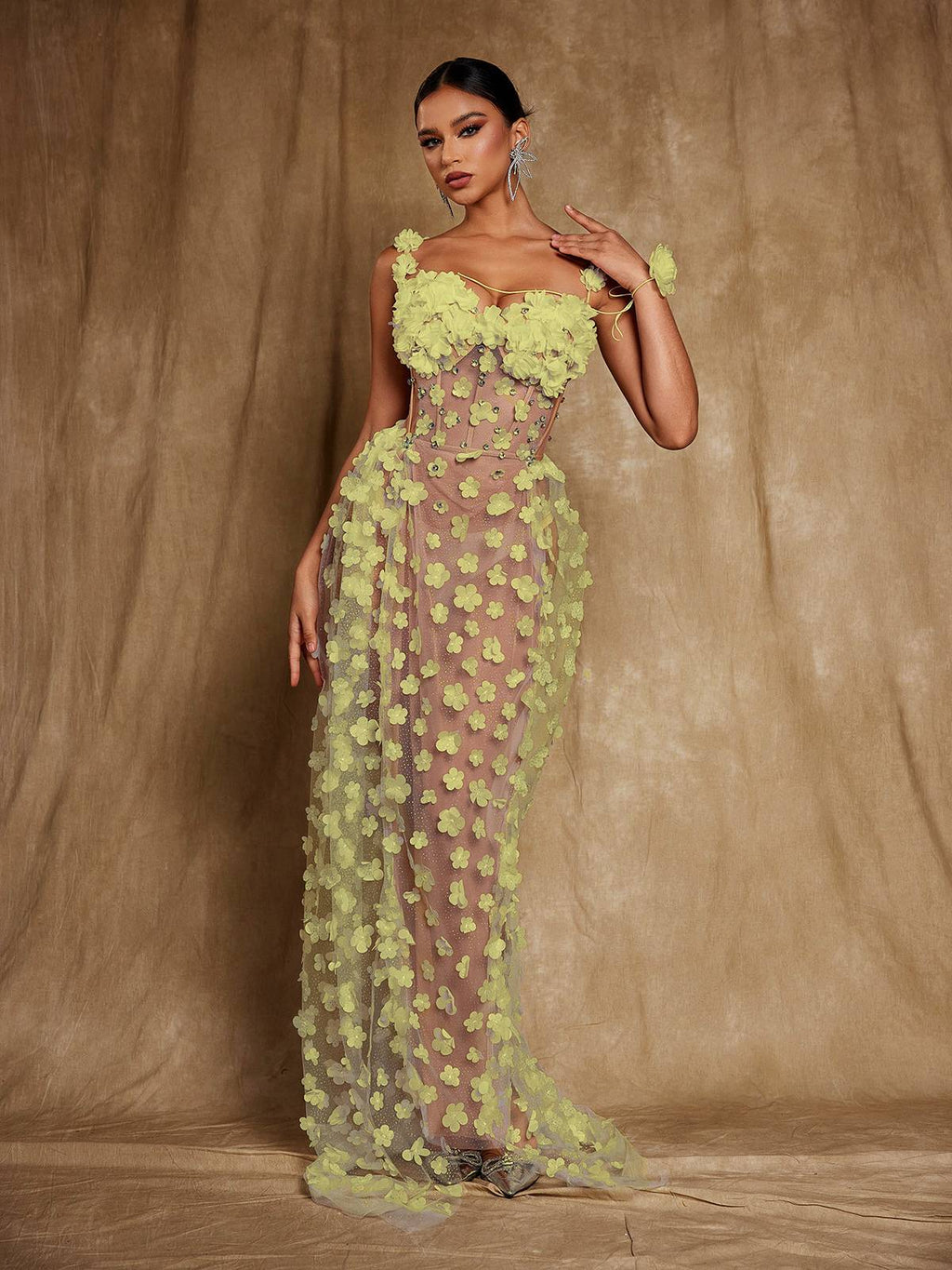 Flowering Girl Women Oksana Spaghetti Flower Corset Maxi Dress In Yellow