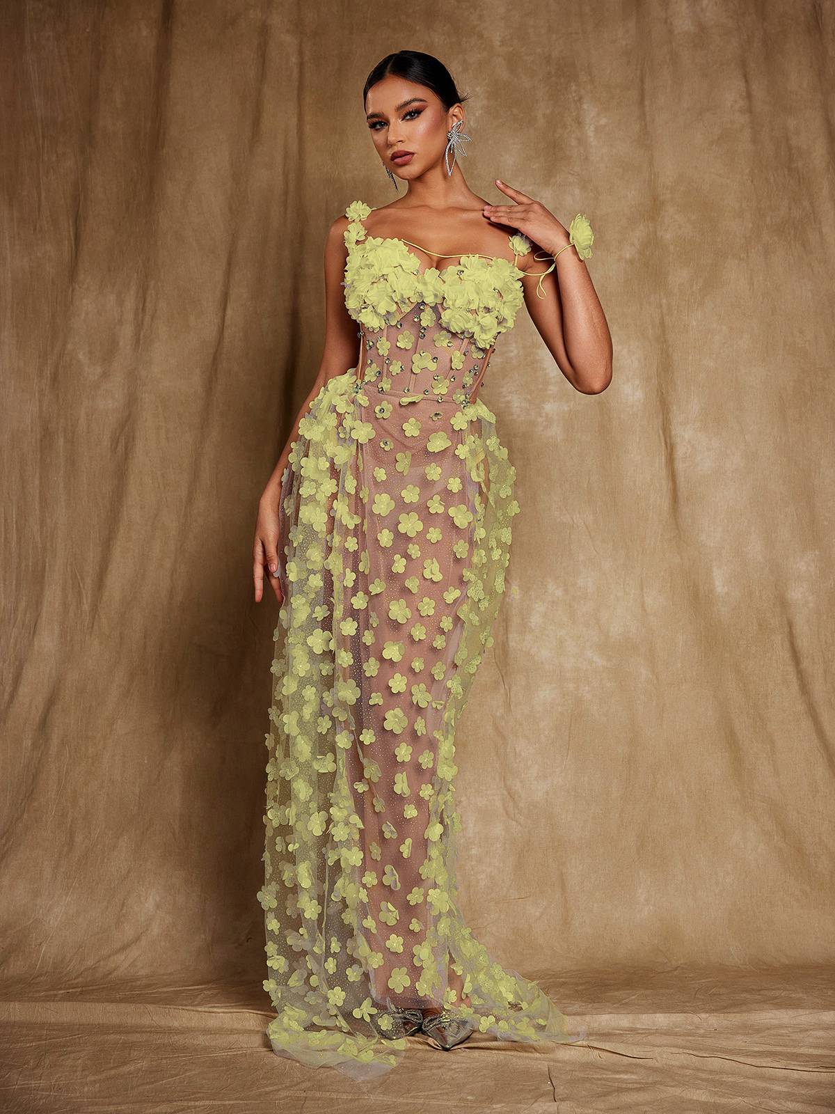 Flowering Girl Women Oksana Spaghetti Flower Corset Maxi Dress In Yellow