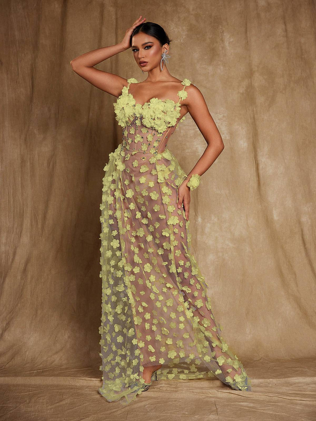 Flowering Girl Women Oksana Spaghetti Flower Corset Maxi Dress In Yellow