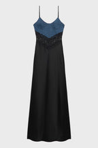 Flowering Girl Women Olathe Denim Lace Satin Maxi Dress