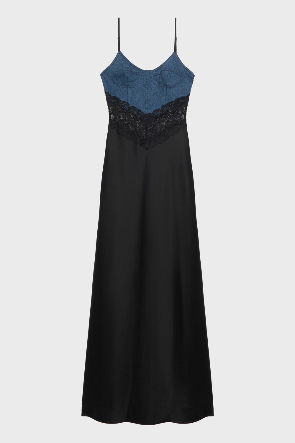 Flowering Girl Women Olathe Denim Lace Satin Maxi Dress