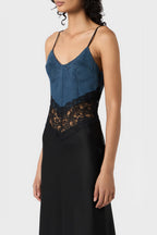 Flowering Girl Women Olathe Denim Lace Satin Maxi Dress