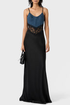 Flowering Girl Women Olathe Denim Lace Satin Maxi Dress