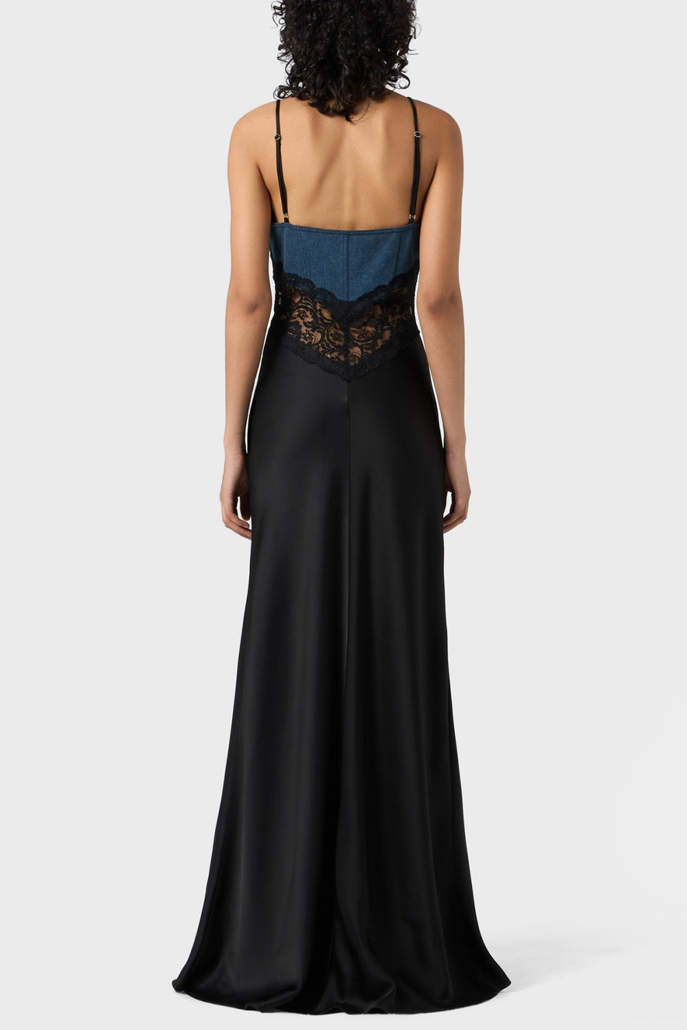 Flowering Girl Women Olathe Denim Lace Satin Maxi Dress