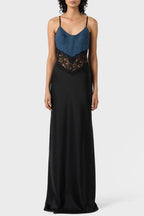 Flowering Girl Women Olathe Denim Lace Satin Maxi Dress