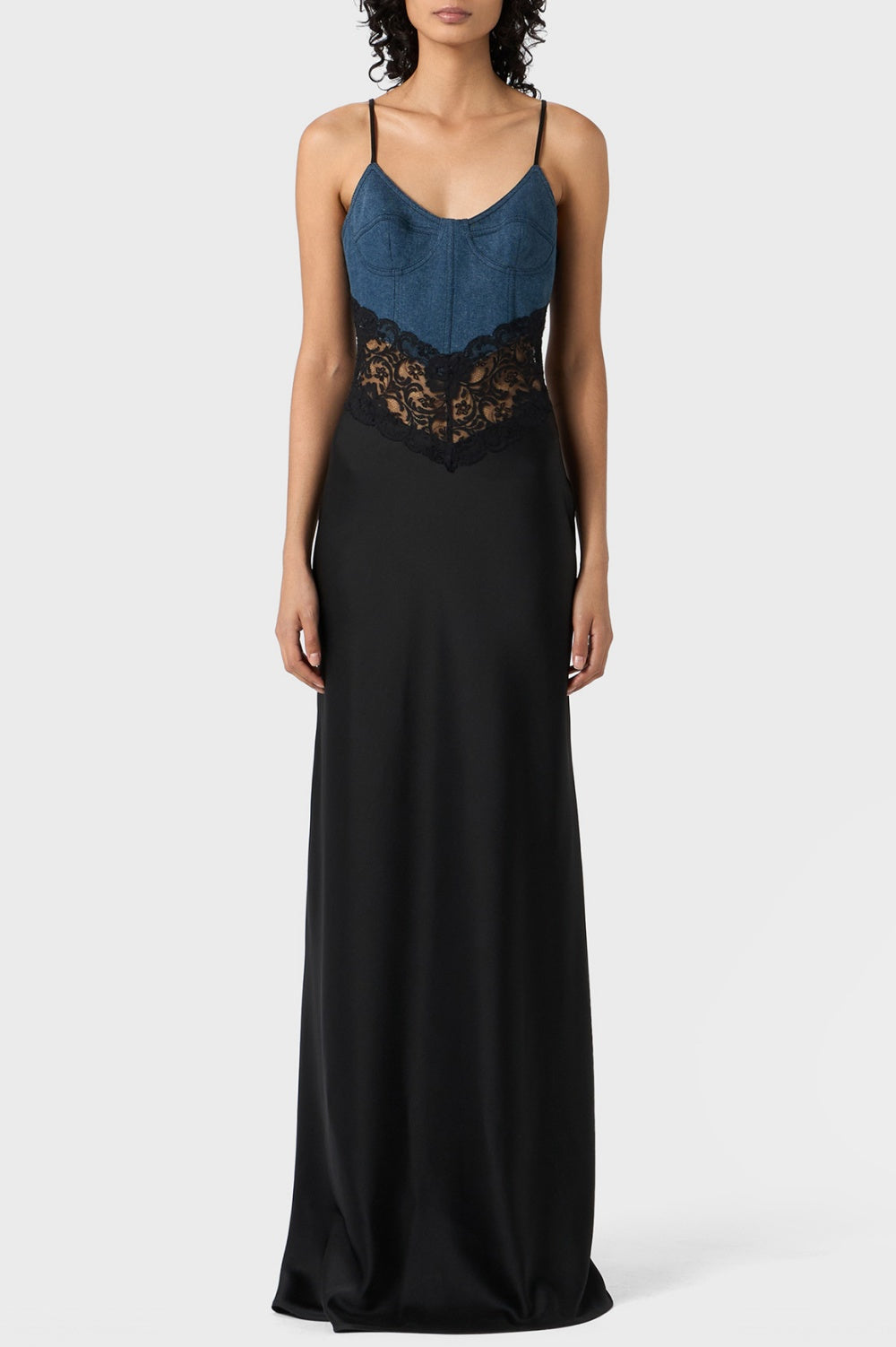 Flowering Girl Women Olathe Denim Lace Satin Maxi Dress