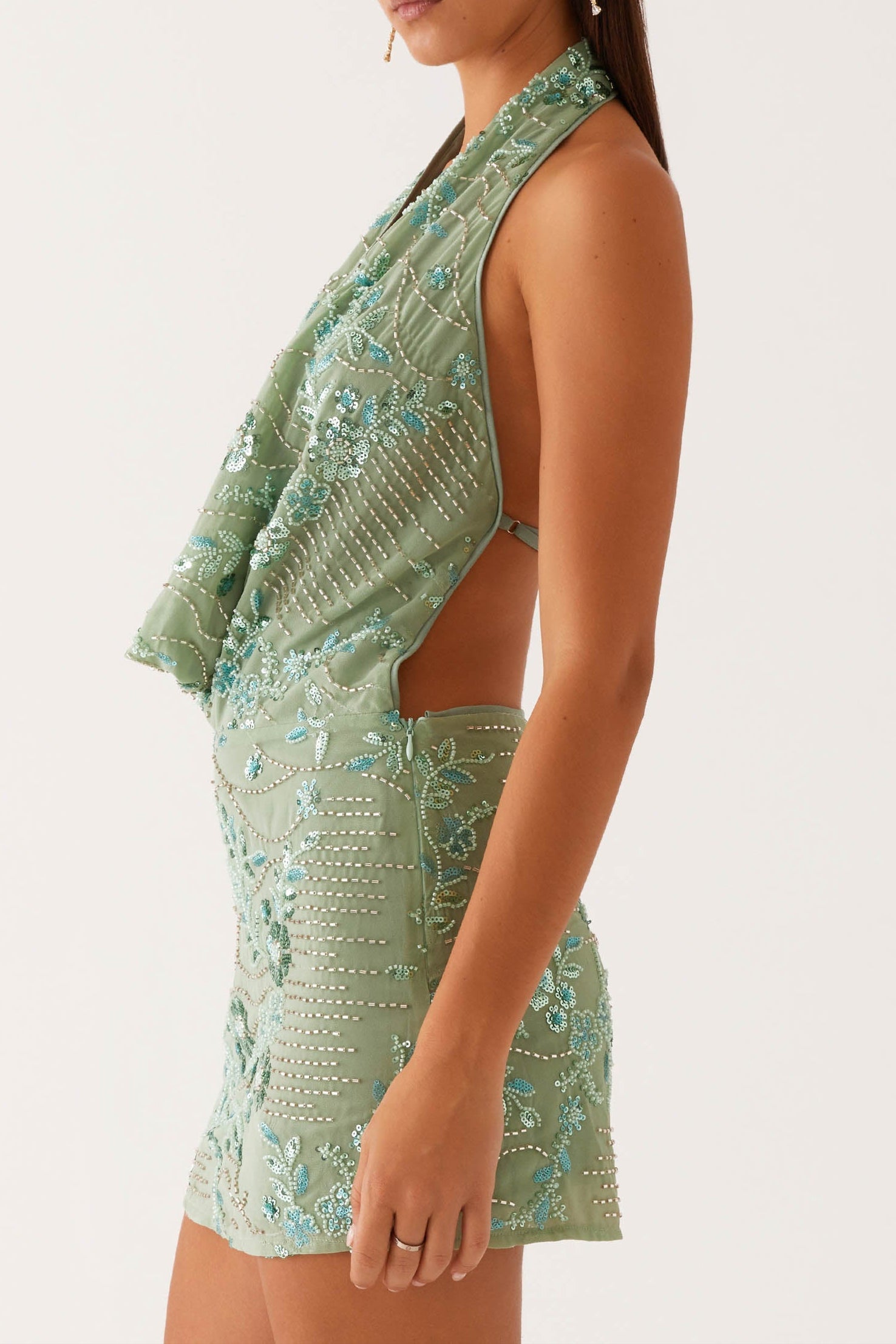 Flowering Girl Women Cowl Neck Beaded Mini Dress In Mint
