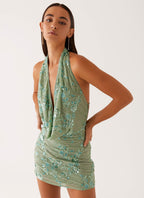 Cowl Neck Beaded Mini Dress In Mint