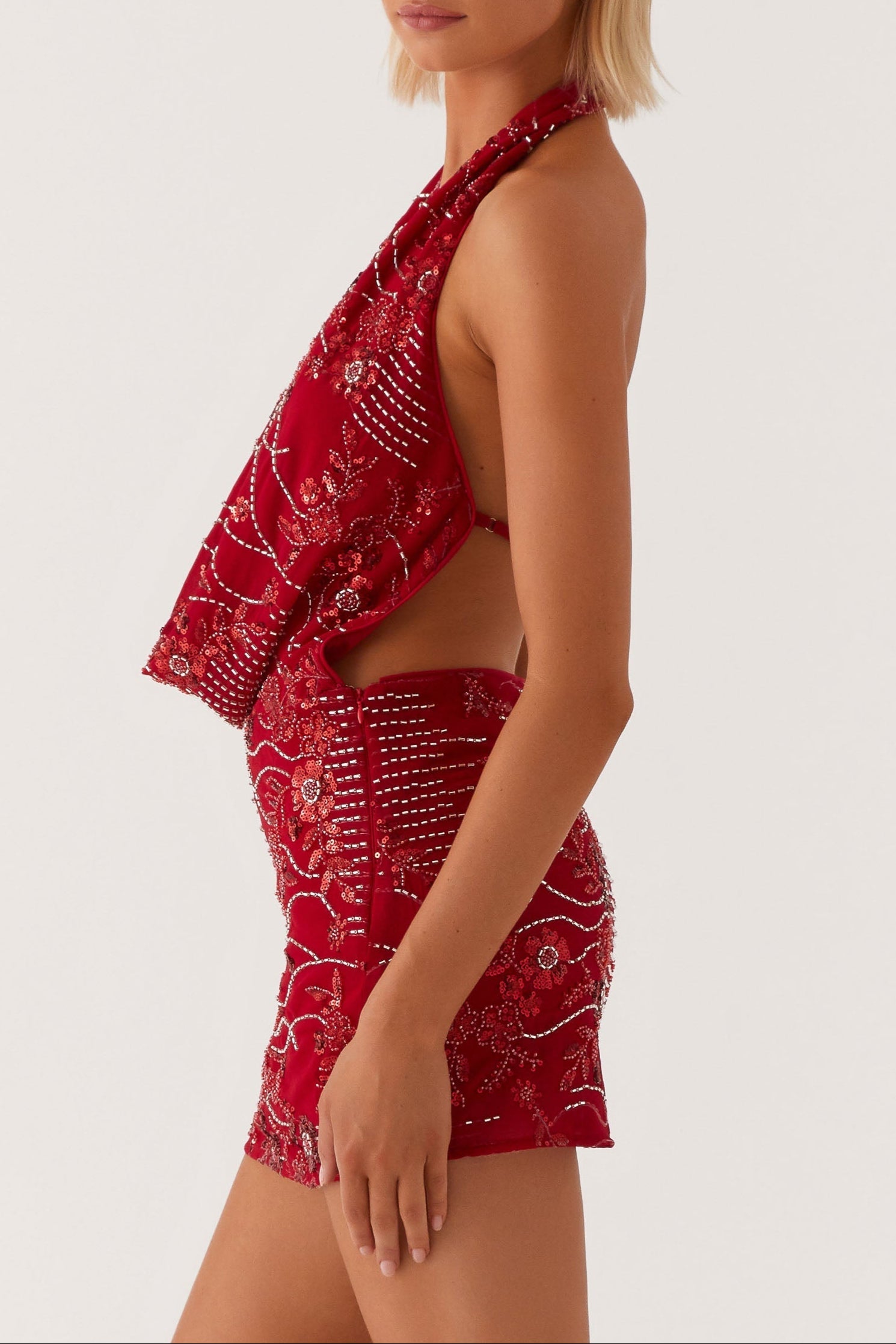 Flowering Girl Women Cowl Neck Beaded Mini Dress In Red