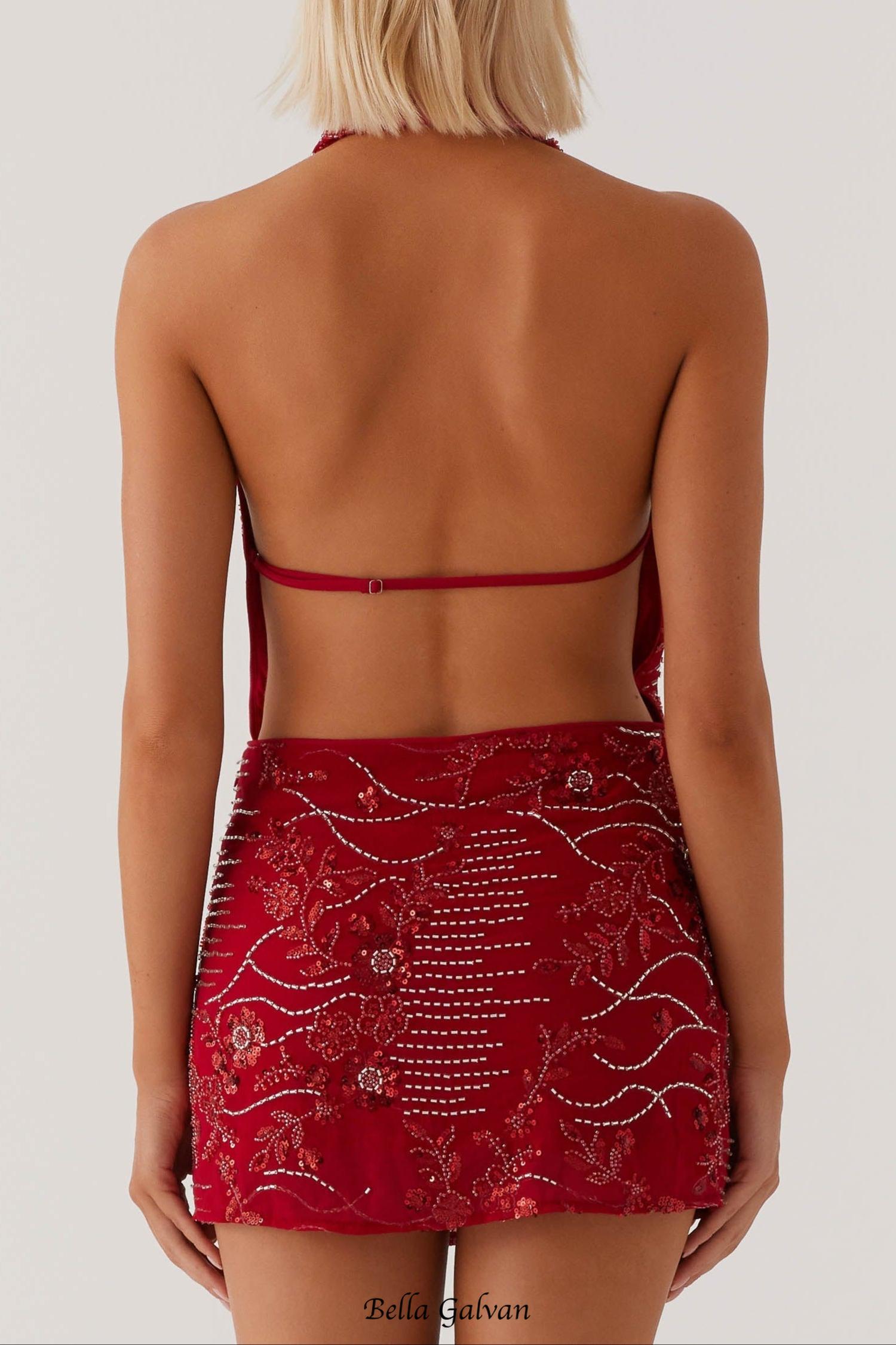 Cowl Neck Beaded Mini Dress In Red