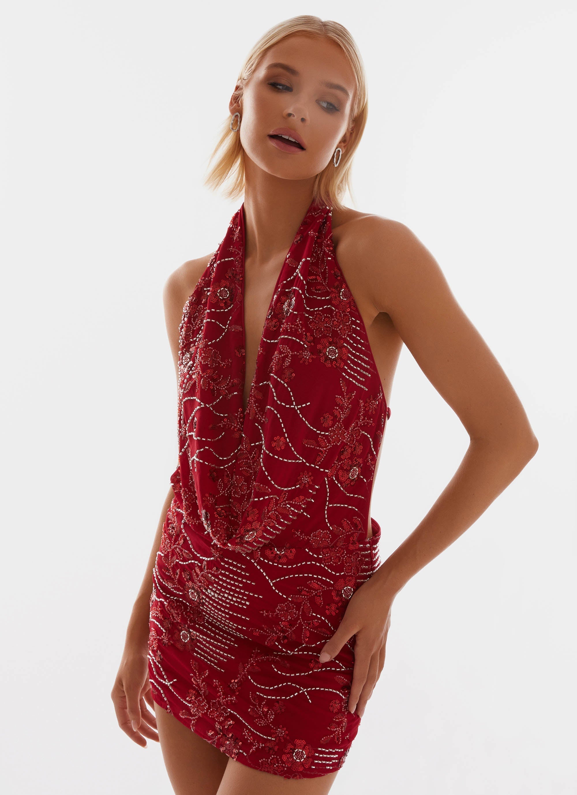 Flowering Girl Women Cowl Neck Beaded Mini Dress In Red