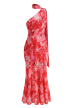 One-Shoulder Floral Mermaid Maxi Dress in Red