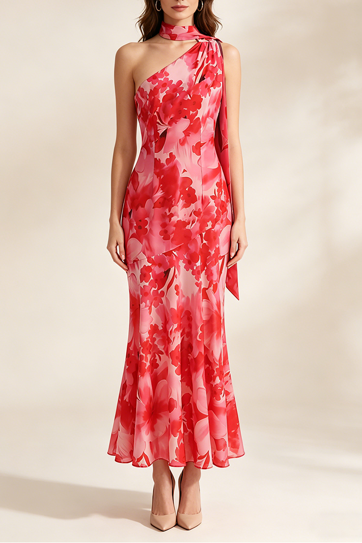 One-Shoulder Floral Mermaid Maxi Dress in Red