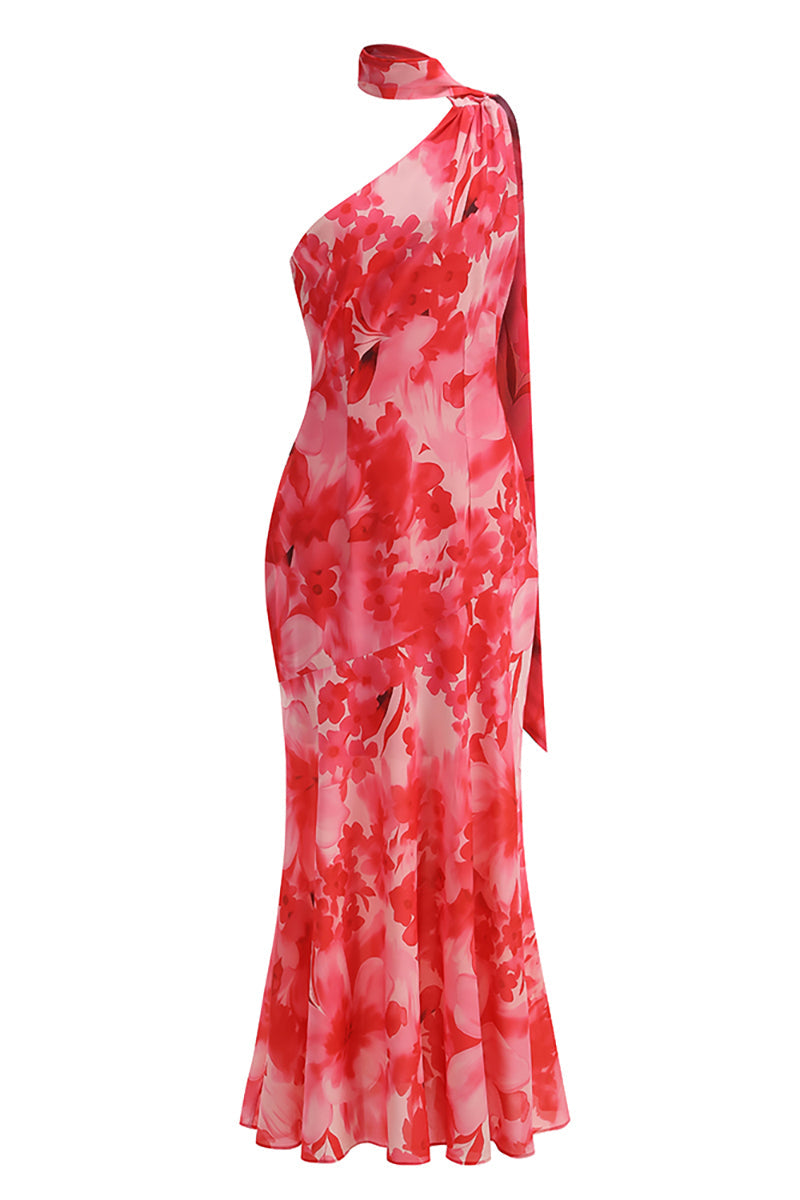 Flowering Girl Women One-Shoulder Floral Mermaid Maxi Dress In Red