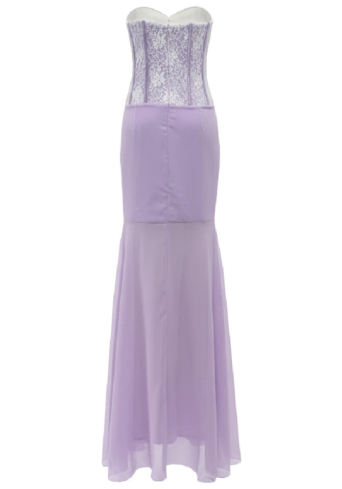 sigrid 3d flower strapless fishtail maxi dress in purple