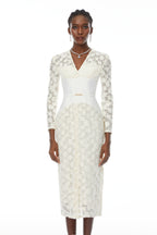 kimberley white v-neck lace patchwork midi dress