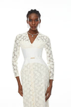 kimberley white v-neck lace patchwork midi dress
