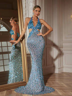 Flowering Girl Women Orenthal Halterneck Rhinestone Cutout Maxi Dress