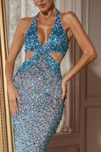 Flowering Girl Women Orenthal Halterneck Rhinestone Cutout Maxi Dress