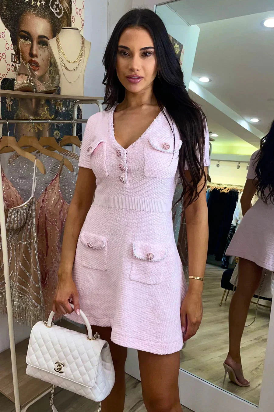 Flowering Girl Women Karine Pink V-Neck Knitted Mini Dress