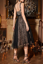 dora 3d flower Square Neck Lace Midi Dress in black
