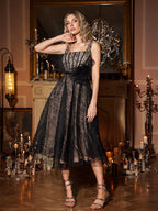 dora 3d flower Square Neck Lace Midi Dress in black
