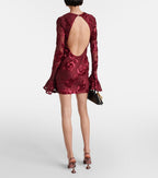 Floral-Embroidered Mesh Mini Dress In Wine Red