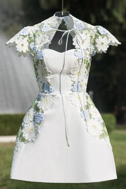 White Floral Embroidered Mini Dress with Sheer Cap Sleeve Bolero