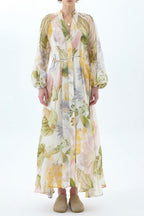victoria colorful floral print lantern sleeve maxi dress