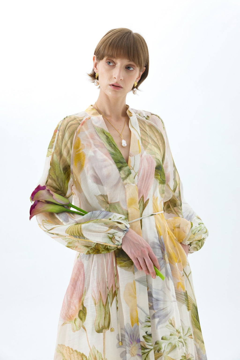 victoria colorful floral print lantern sleeve maxi dress
