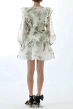 norma floral print SILK ORGANZA TIE NECK MINI DRESS