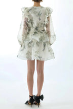 Norma Floral Print Silk Organza Tie Neck Mini Dress