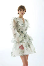 norma floral print SILK ORGANZA TIE NECK MINI DRESS