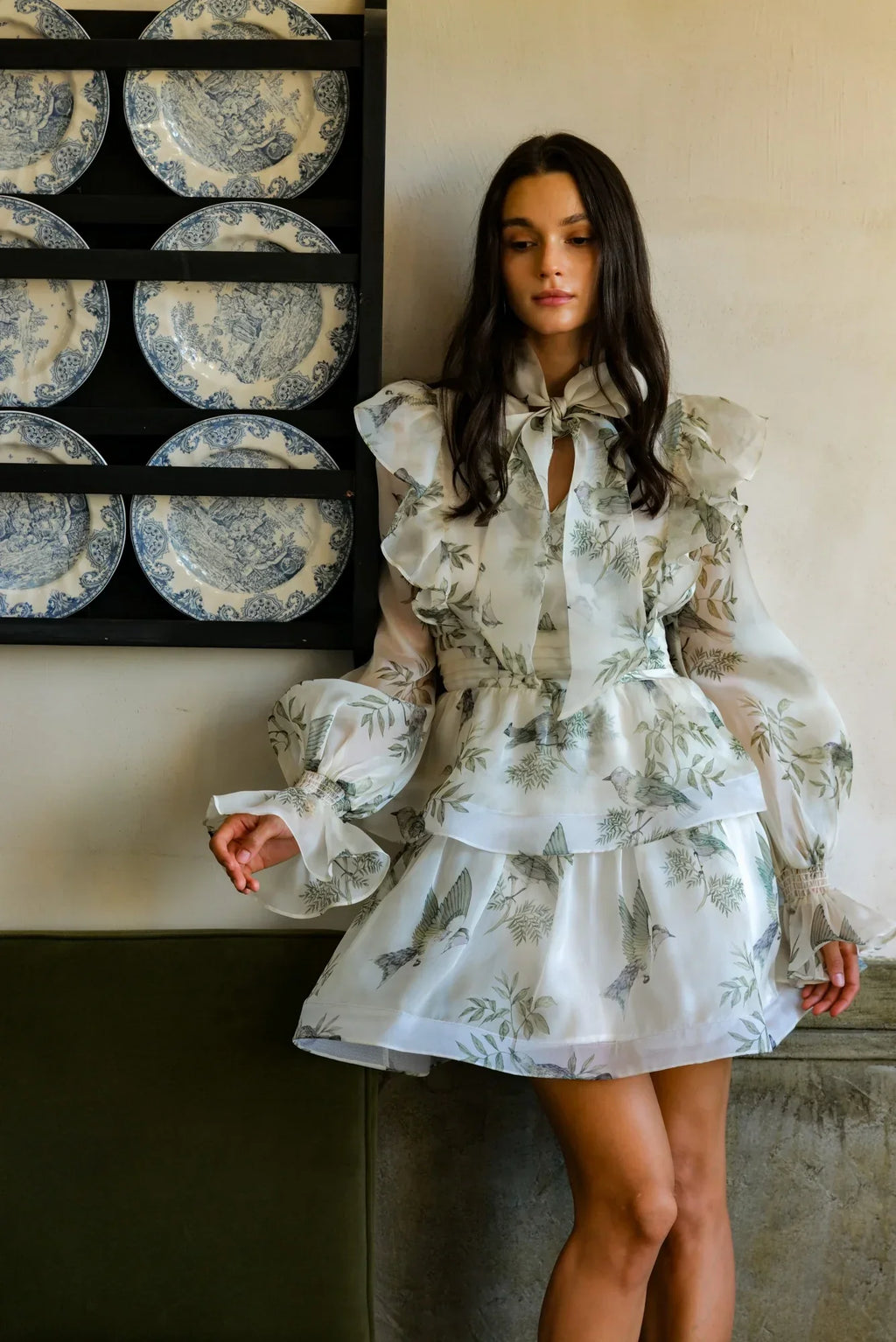 norma floral print SILK ORGANZA TIE NECK MINI DRESS