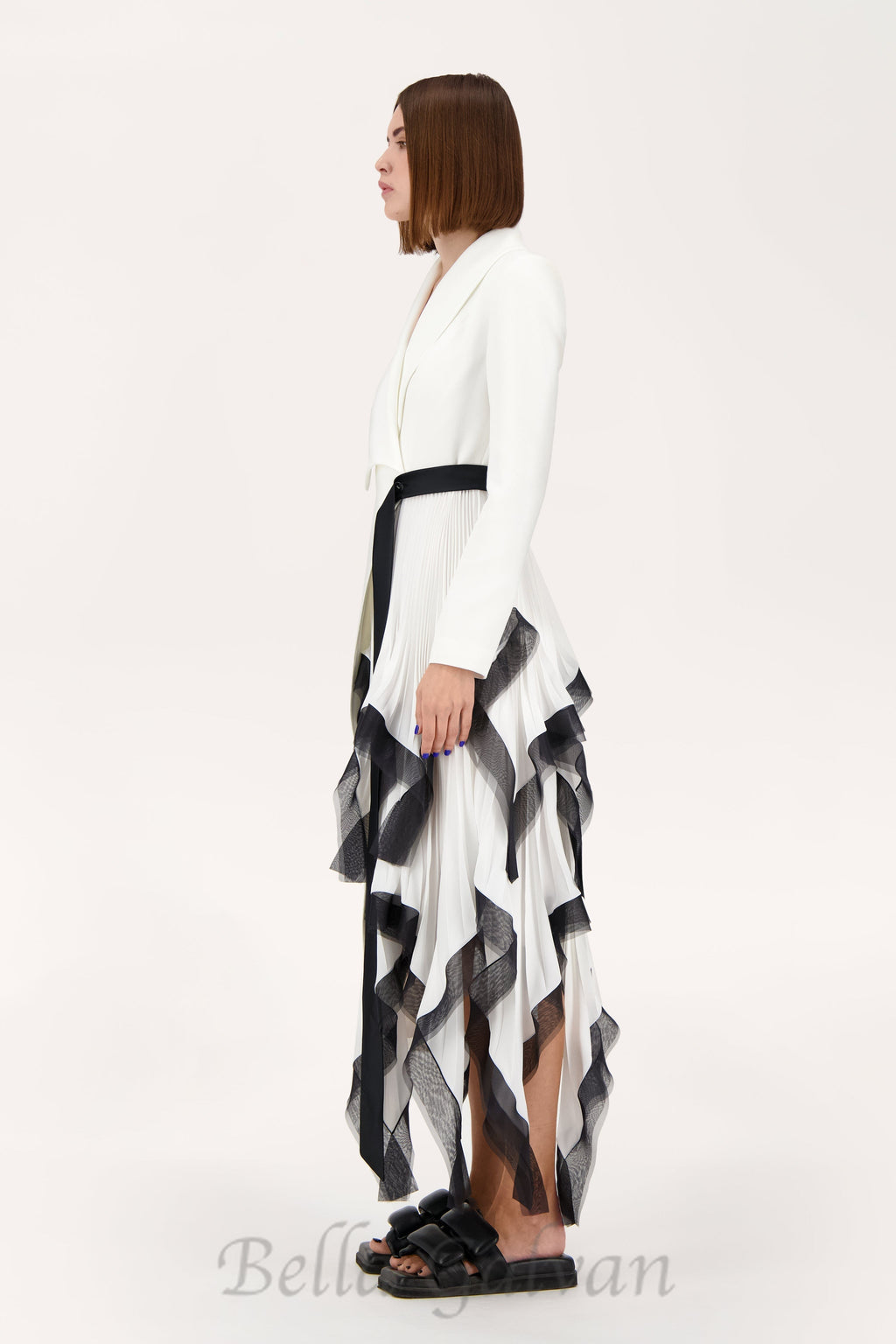 Flowering Girl Women Asymmetric pleated ruffle trim blazer dress in white