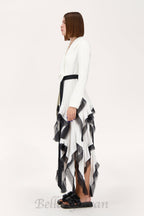 Flowering Girl Women Asymmetric pleated ruffle trim blazer dress in white