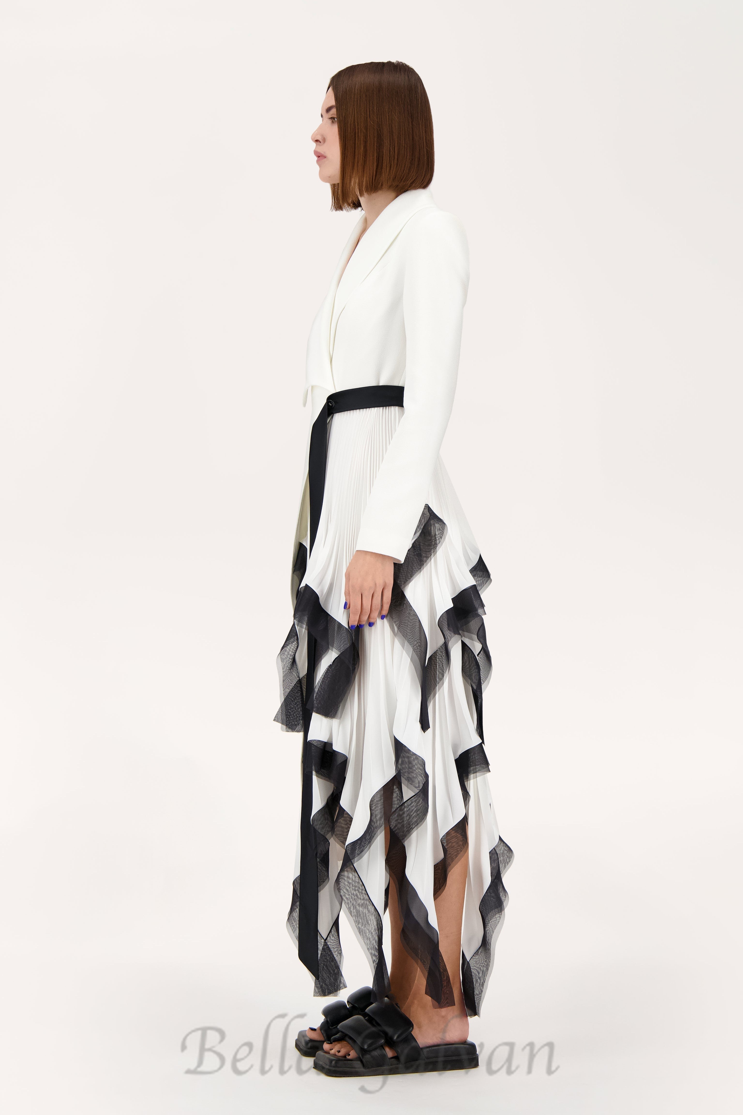 Flowering Girl Women Asymmetric pleated ruffle trim blazer dress in white
