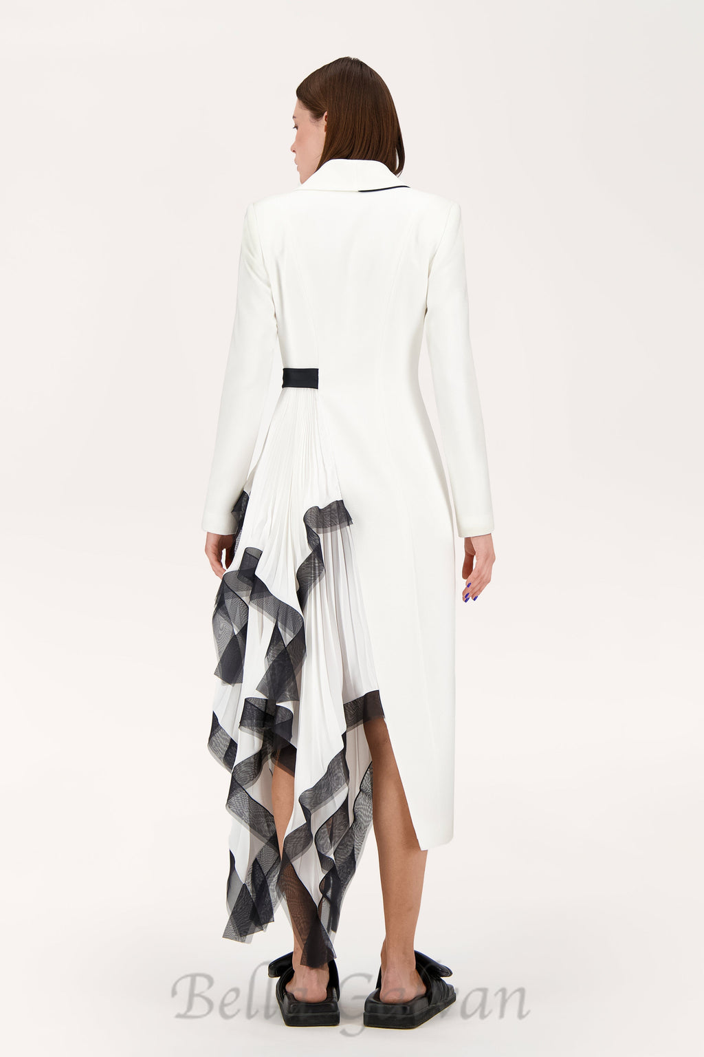 Flowering Girl Women Asymmetric pleated ruffle trim blazer dress in white