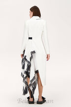 Flowering Girl Women Asymmetric pleated ruffle trim blazer dress in white