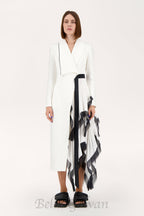 Flowering Girl Women Asymmetric pleated ruffle trim blazer dress in white