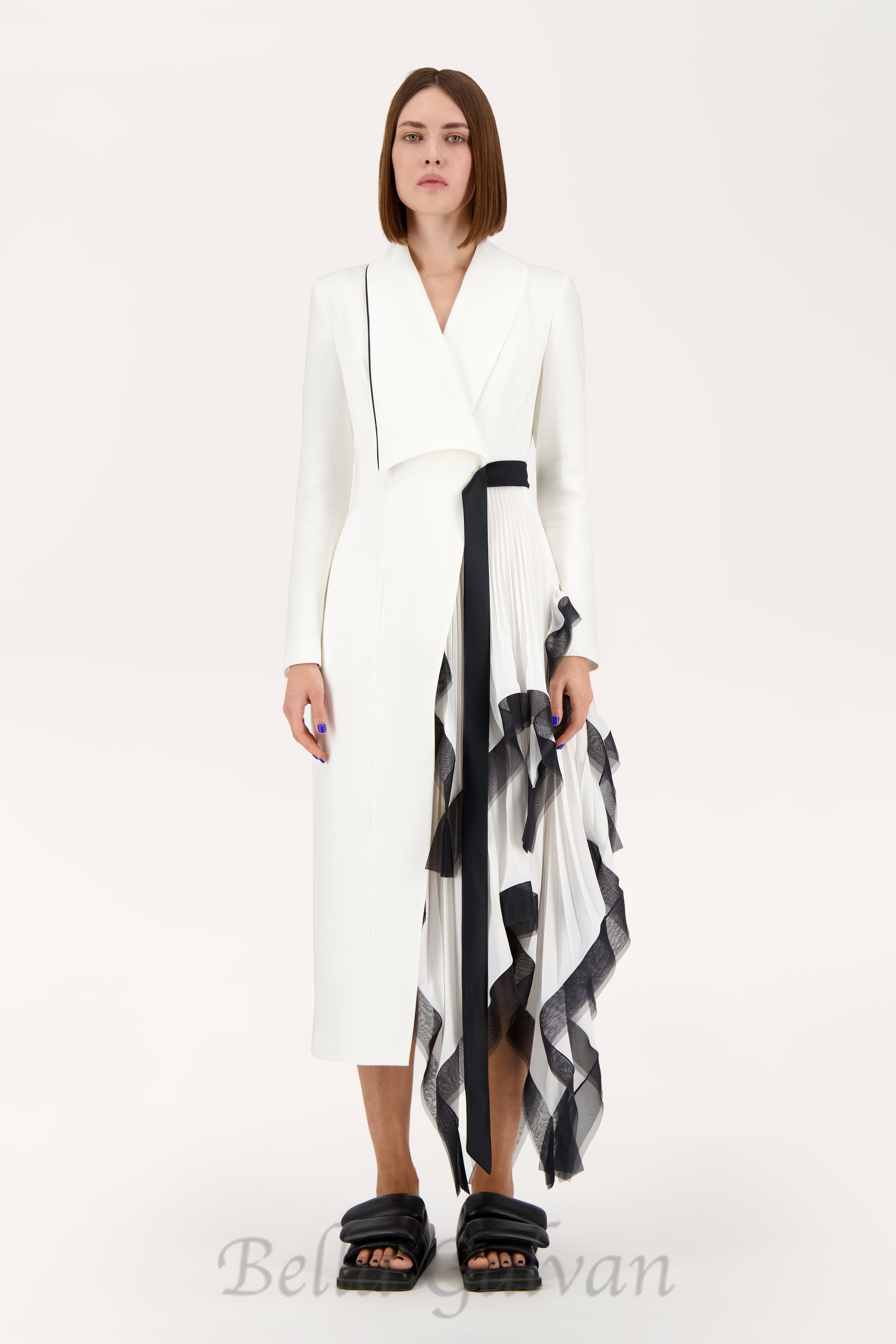 Flowering Girl Women Asymmetric pleated ruffle trim blazer dress in white