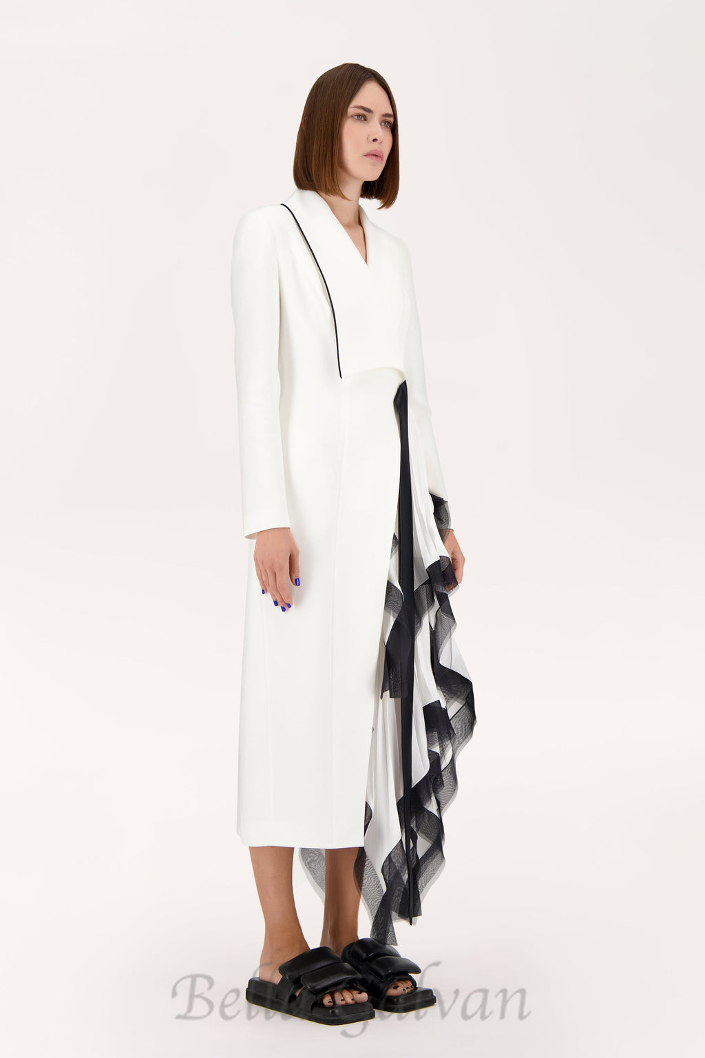 Flowering Girl Women Asymmetric pleated ruffle trim blazer dress in white