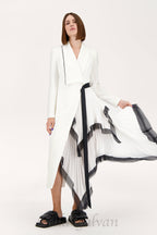 Flowering Girl Women Asymmetric pleated ruffle trim blazer dress in white