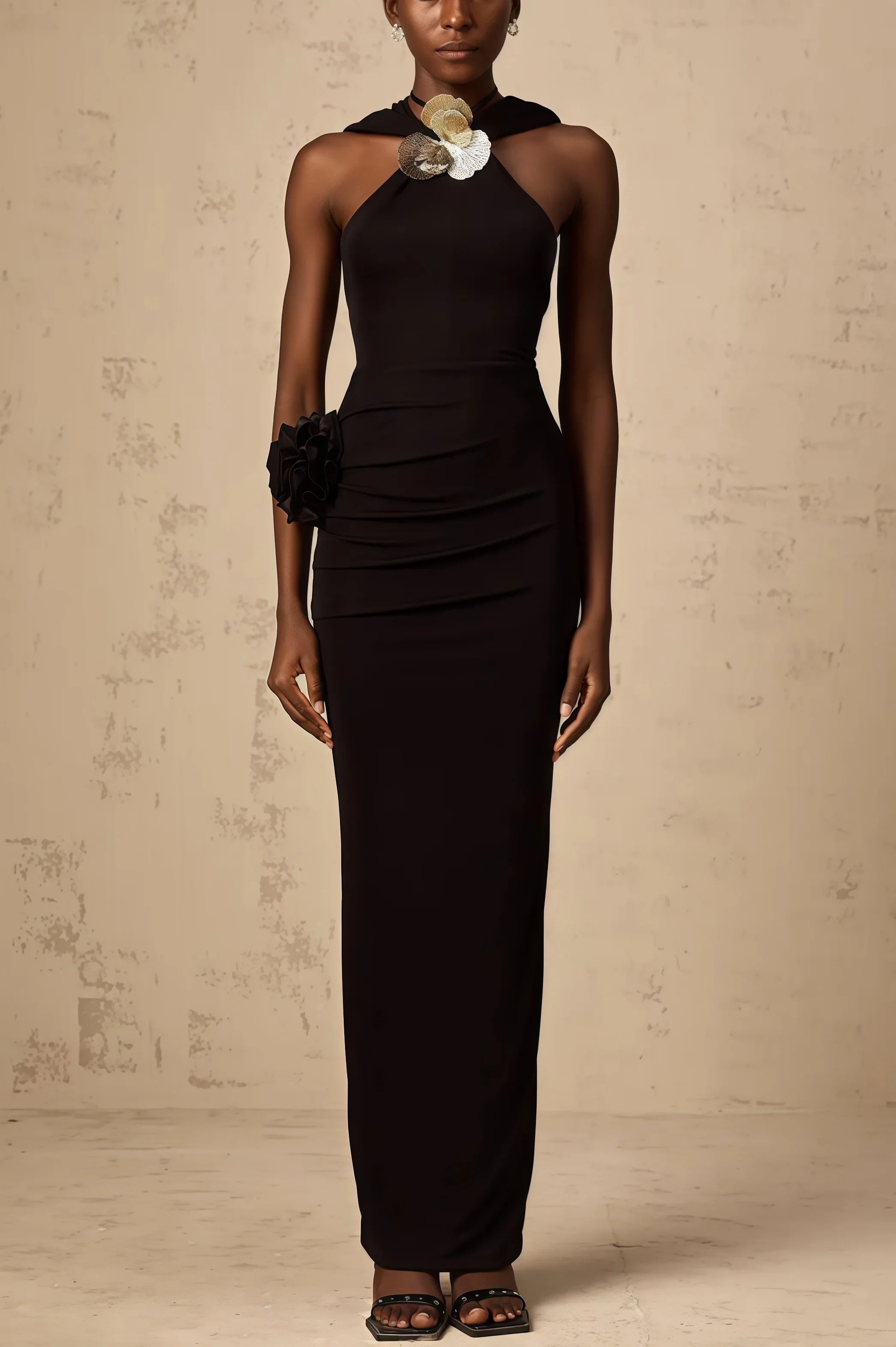 tammy Metal 3D Flower Hooded Midi Dress in black