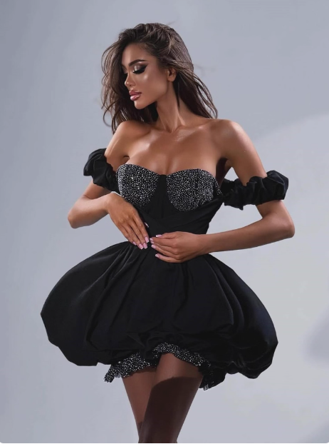 Strapless Black Puffy Rhinestone Mini Dress