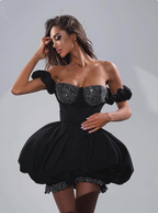 Strapless Black Puffy Rhinestone Mini Dress